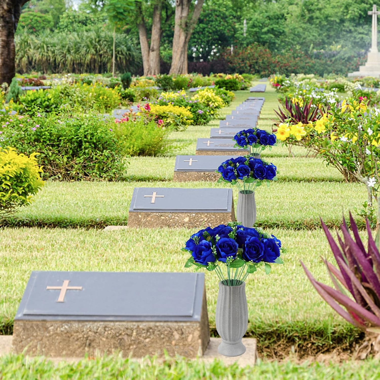 Cemetery Decorations for Grave-18 Blue Silk Memorial Artificial Rose Flower for