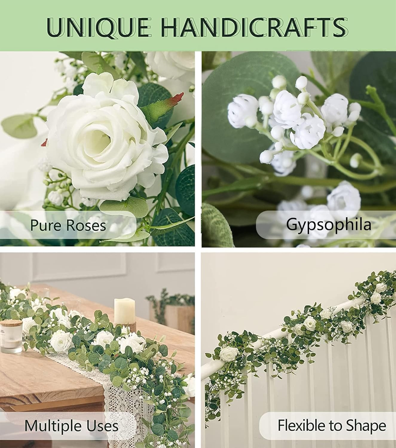 5.91FT Artificial Eucalyptus Garland with Flowers, Fake Flower Rose Gypsophila,