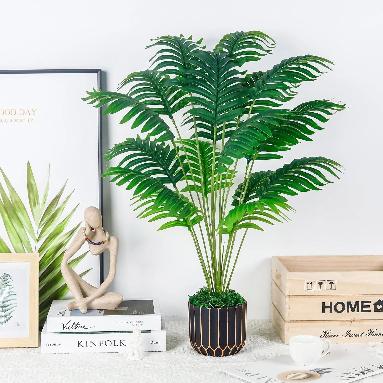 Realistic 28” Tall Faux Palm Tree with Black & Gold Pot for Stylish Home Decor