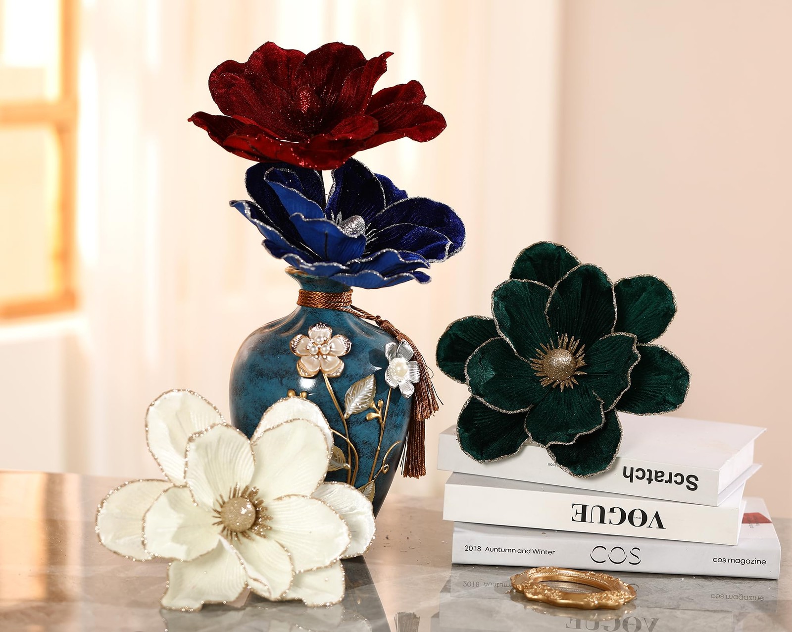 6 PCS Blackish Green 10 In Glitter Artificial Magnolia Christmas Flower Set