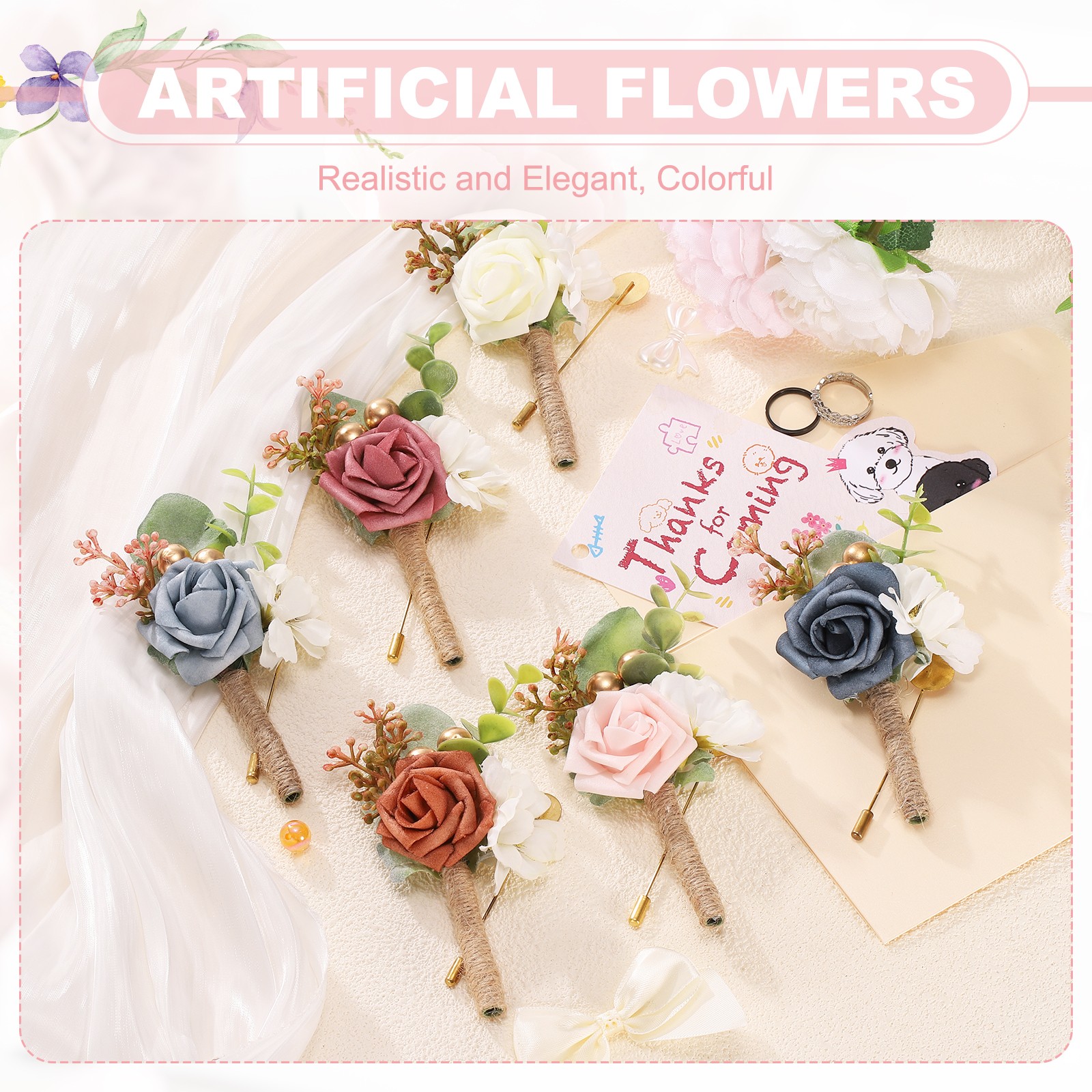 Dusty Blue Wedding Boutonnieres for Men 2Pcs Rope Artificial Flowers