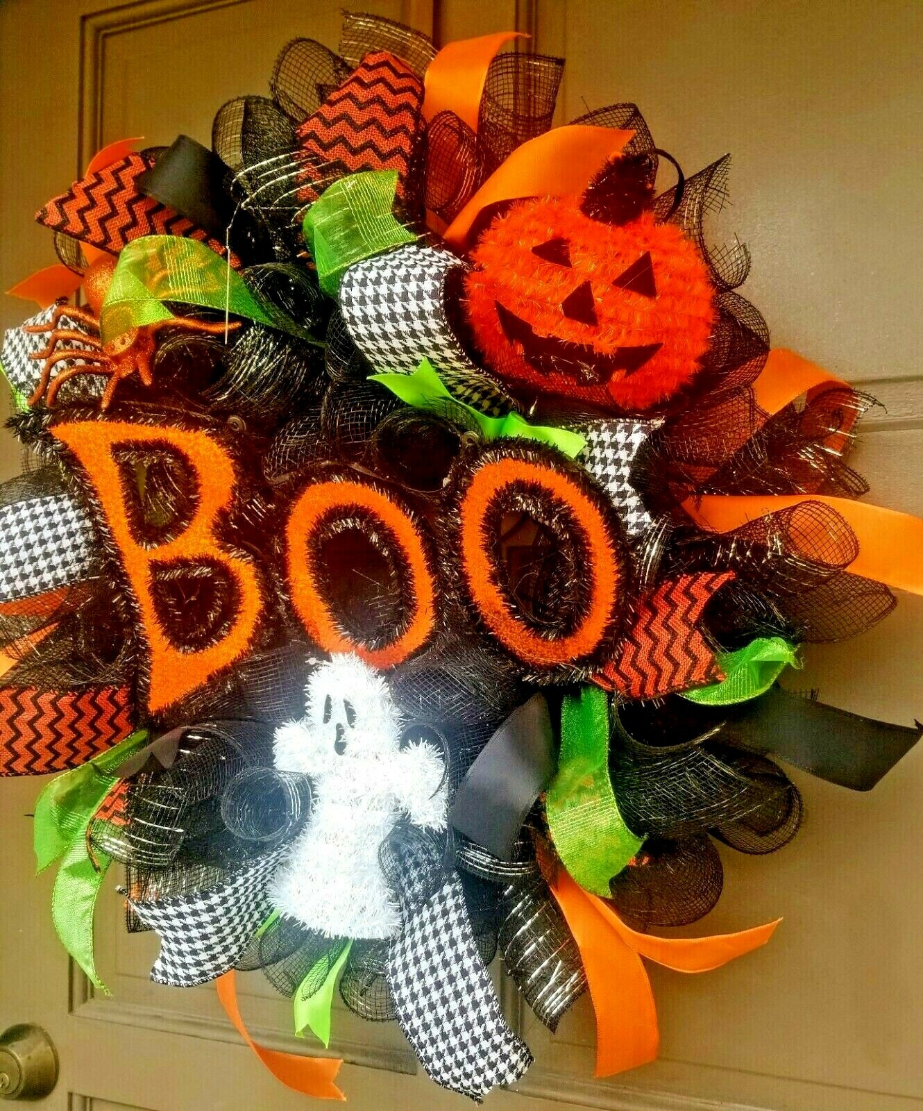 Halloween Wreath Front Door Decoration Large 24″ BOO Handmade Black Deco Mesh