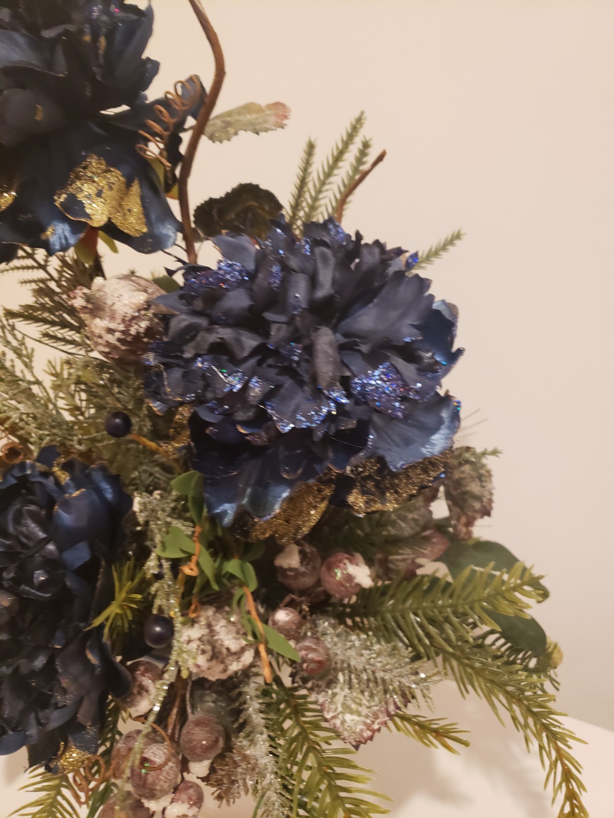 Navy Blue Winter Floral Arrangement, Elegant Christmas Flower Arrangement