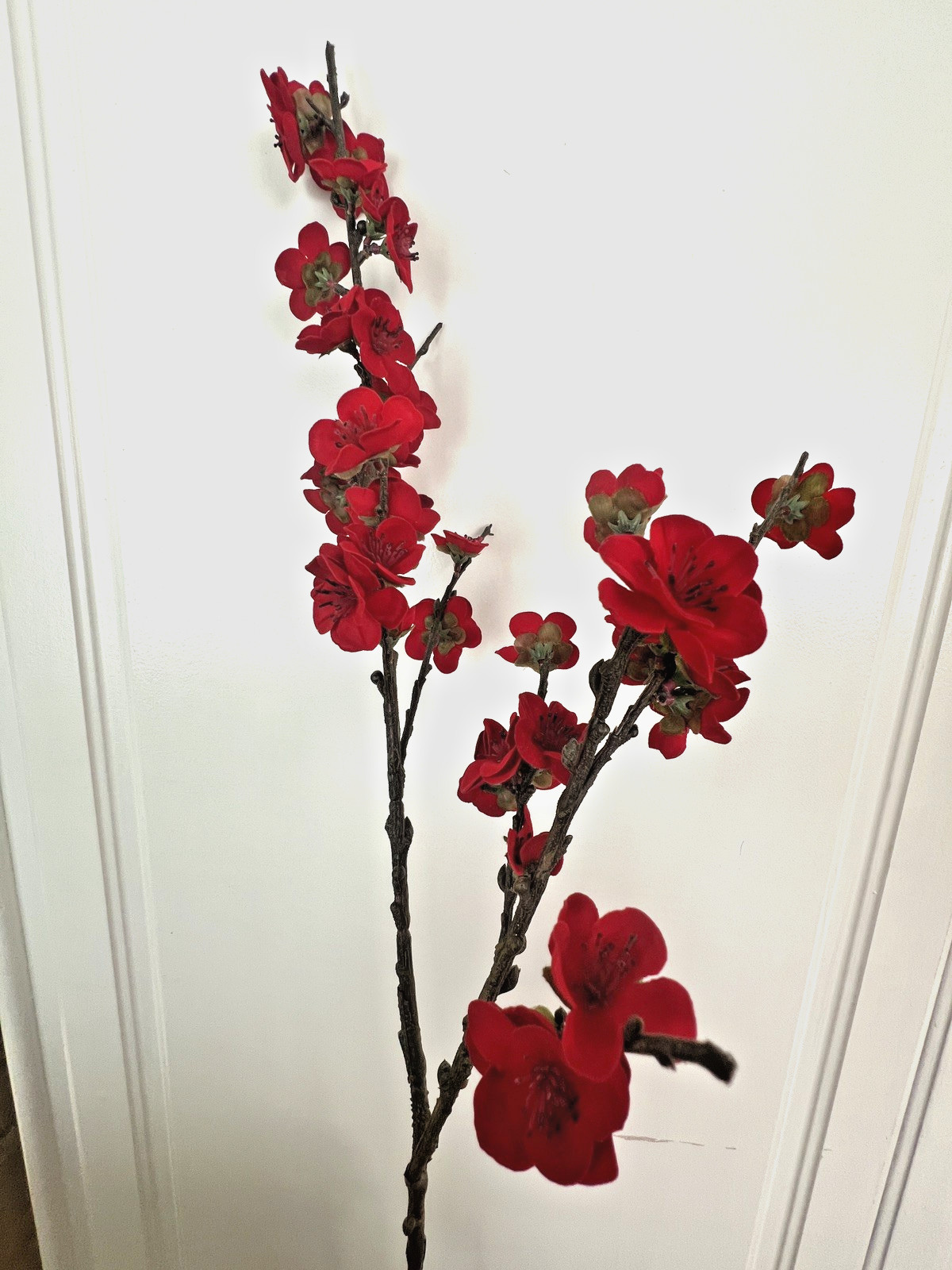 6 Stems Artificial Deep Red Cherry Blossom Branches Faux Flower Velvet-Like