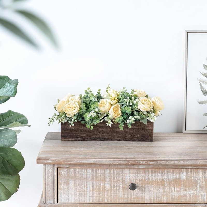 Spring Floral Centerpiece Eucalyptus in Wooden Box Table Decor DIY Arrangement