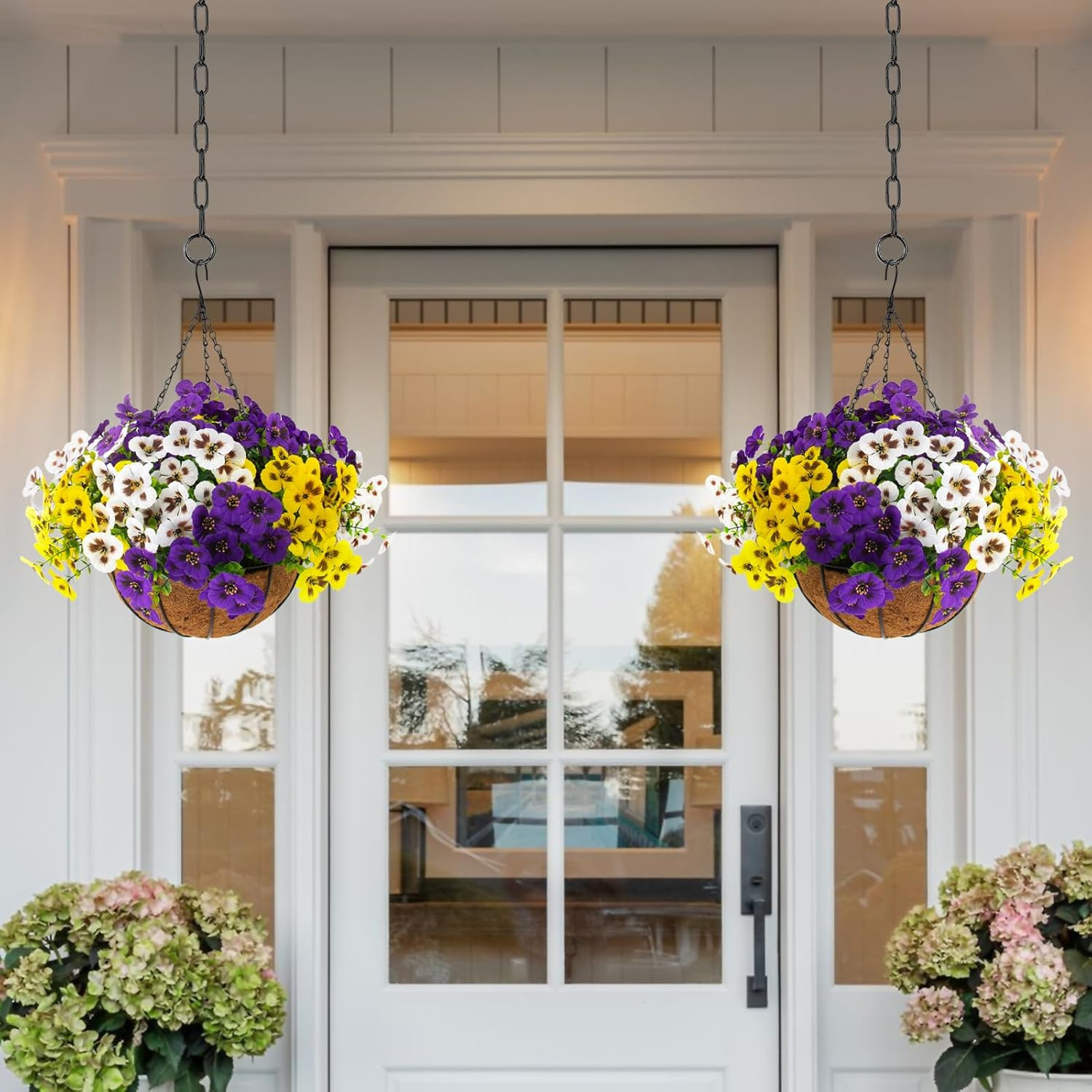 2 Sets Artificial Hanging Pansy Flowers with Baskets, 24 Pcs UV Resistant Faux S
