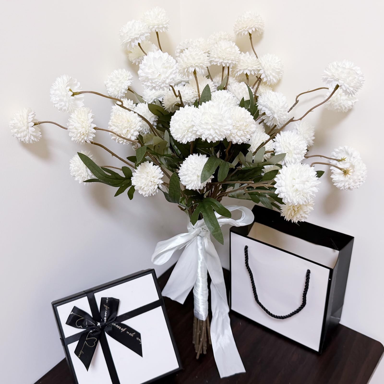 8 Pcs Artificial Flowers White Beige Faux Silk Pompon Mums, 20″ Long Stem Fak…