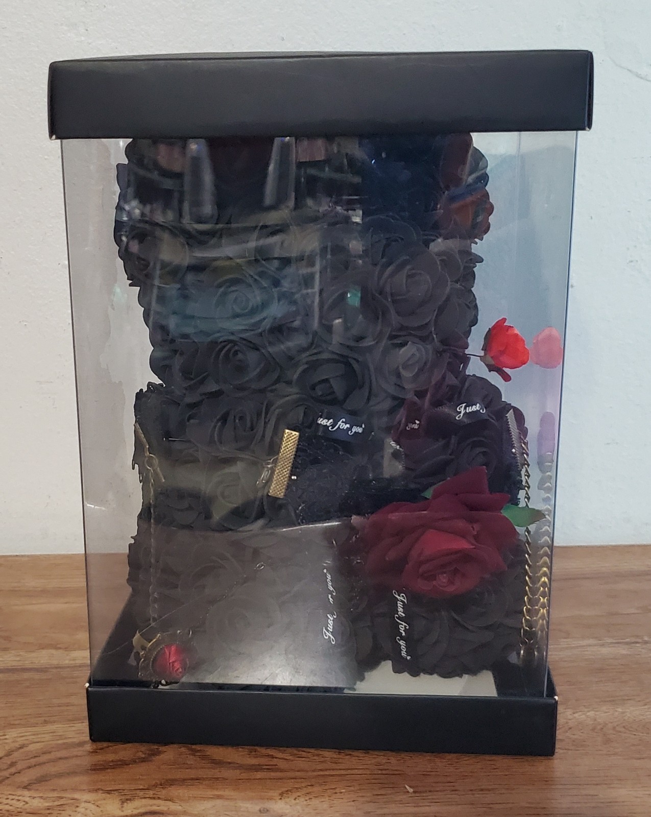 Rose Teddy Black Bear Foam Flowers Gift Box with 2 Chockers 1 Ring New