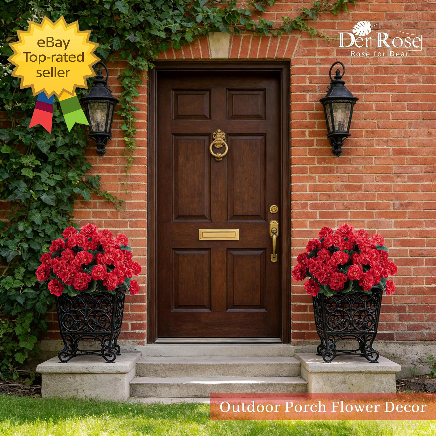 6 Pack Red Artificial Geranium Flowers UV Resistant Faux Outdoor Patio Decor