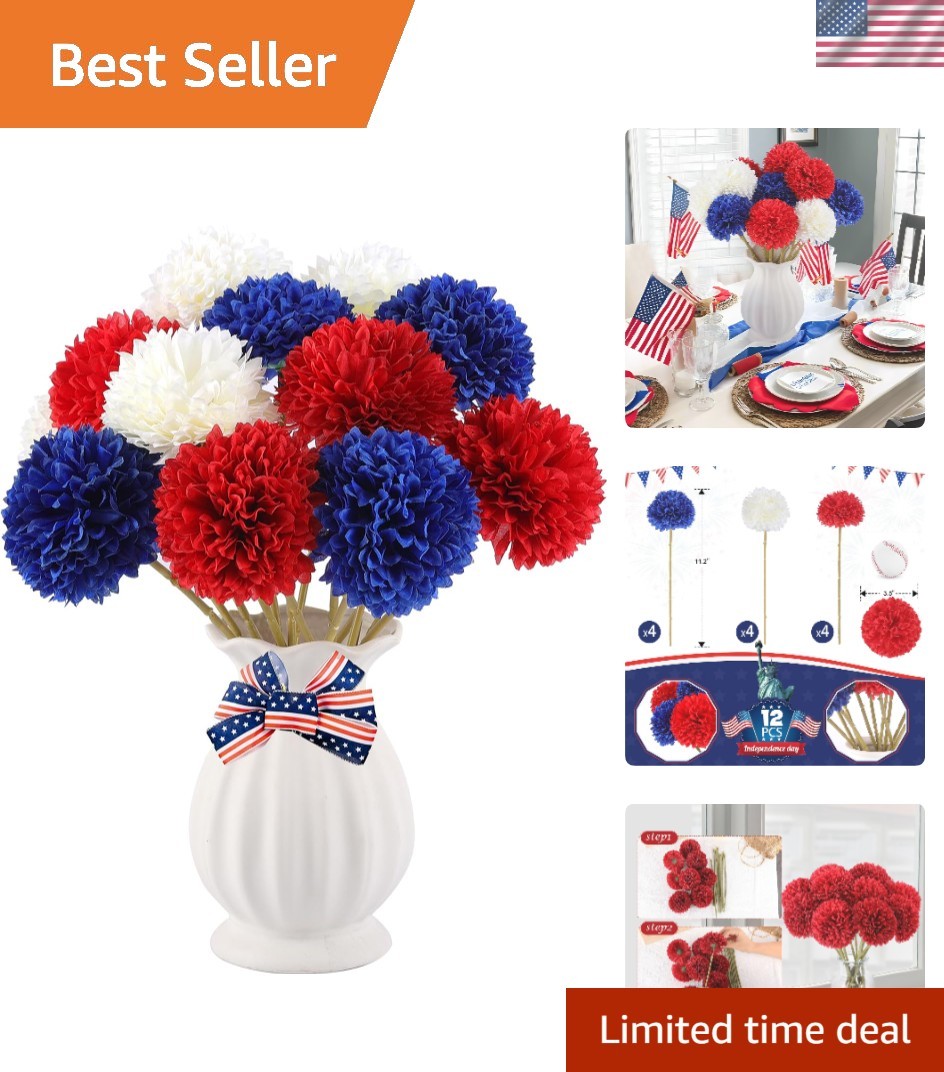 12 Pcs Red White Blue Artificial Chrysanthemums – Perfect 4th of July Decor