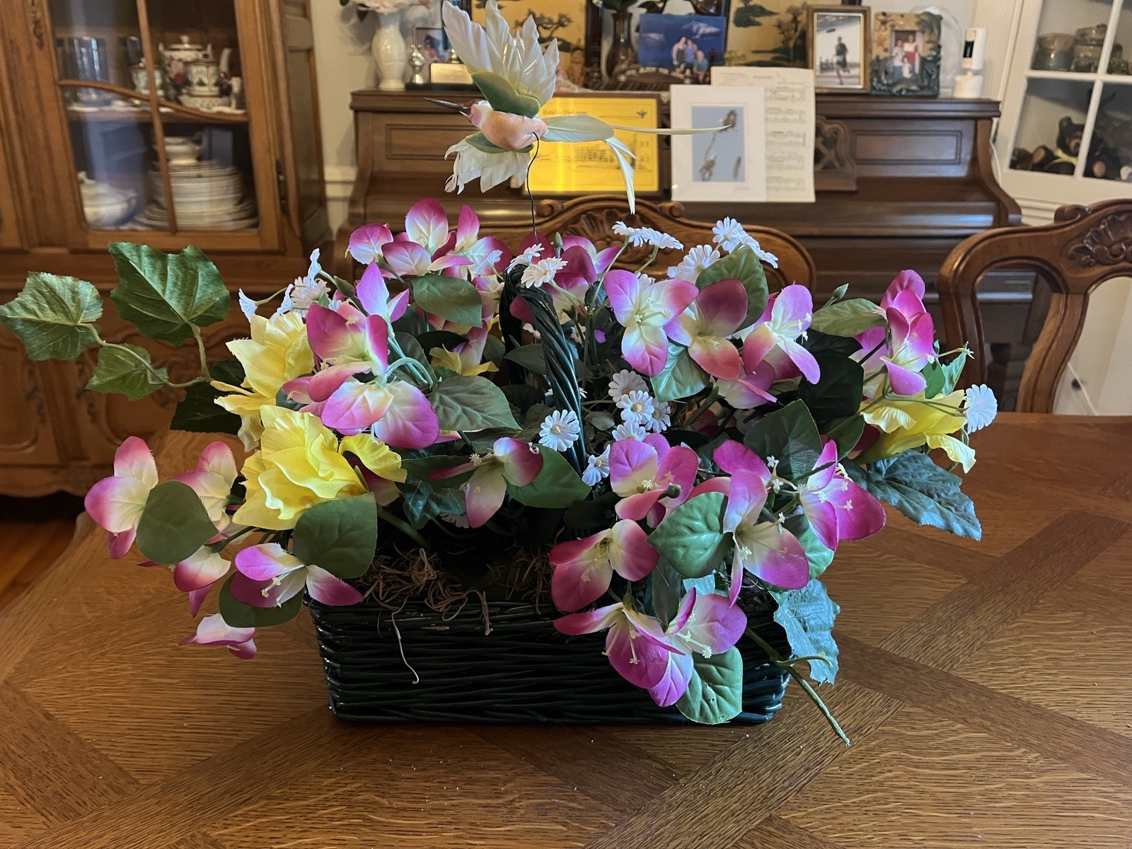 Beautiful Spring Silk Floral Arrangement In Green Wicker Basket