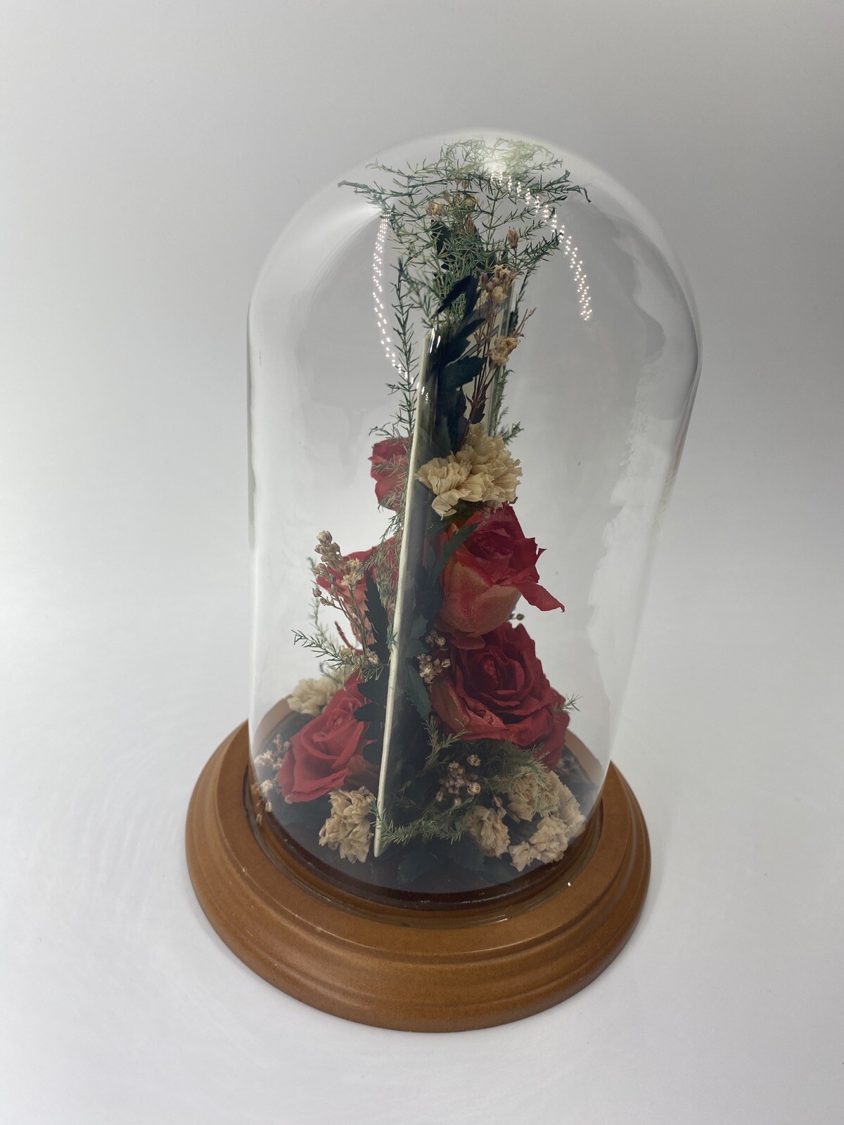 Vintage Dried Red Roses Flower Arrangement Preserved in 7.5” Glass Dome