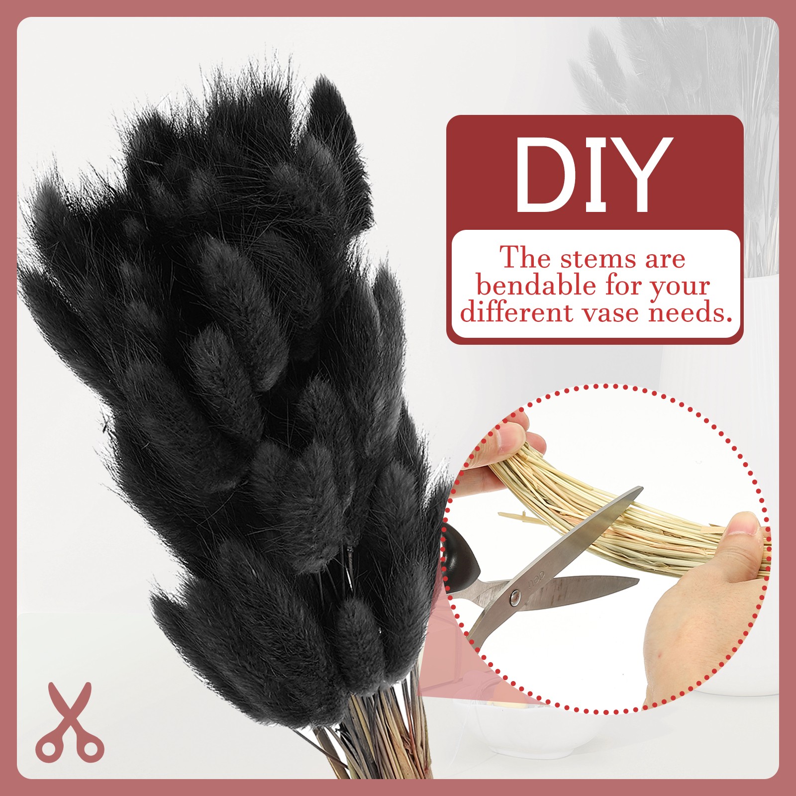 15.7in Bunny Tails Dried Flowers 150pcs Pampas Grass Decor, Black