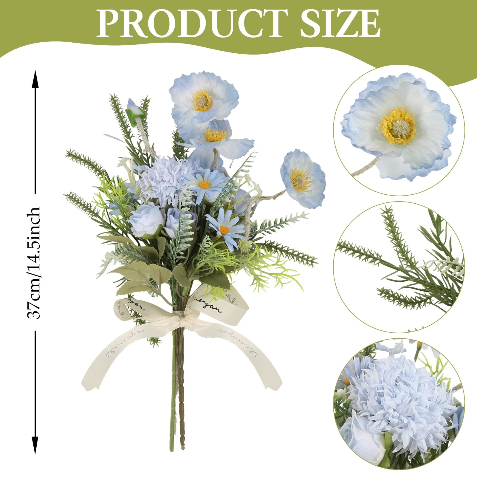 Blue Artificial Fake Flowers Bouquet 16 Inch Realistic Faux Silk Poppy Hydran…
