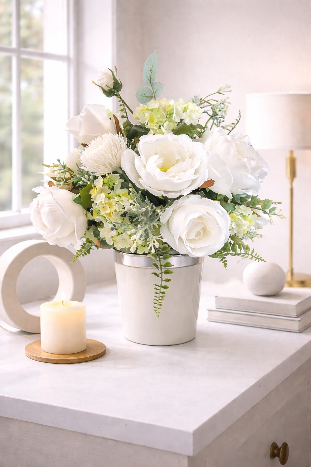 White Peony Rose Centerpiece, Neutral Floral Arrangement Faux Flower Table Decor