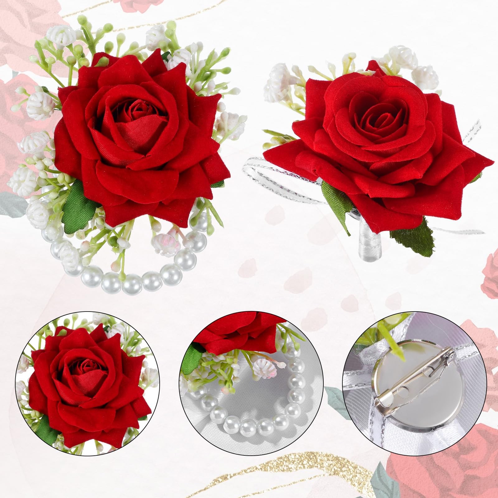 2 PCS Red Rose Corsage Set Pearl Hand Flower Wrist Wedding Prom Bridesmaid
