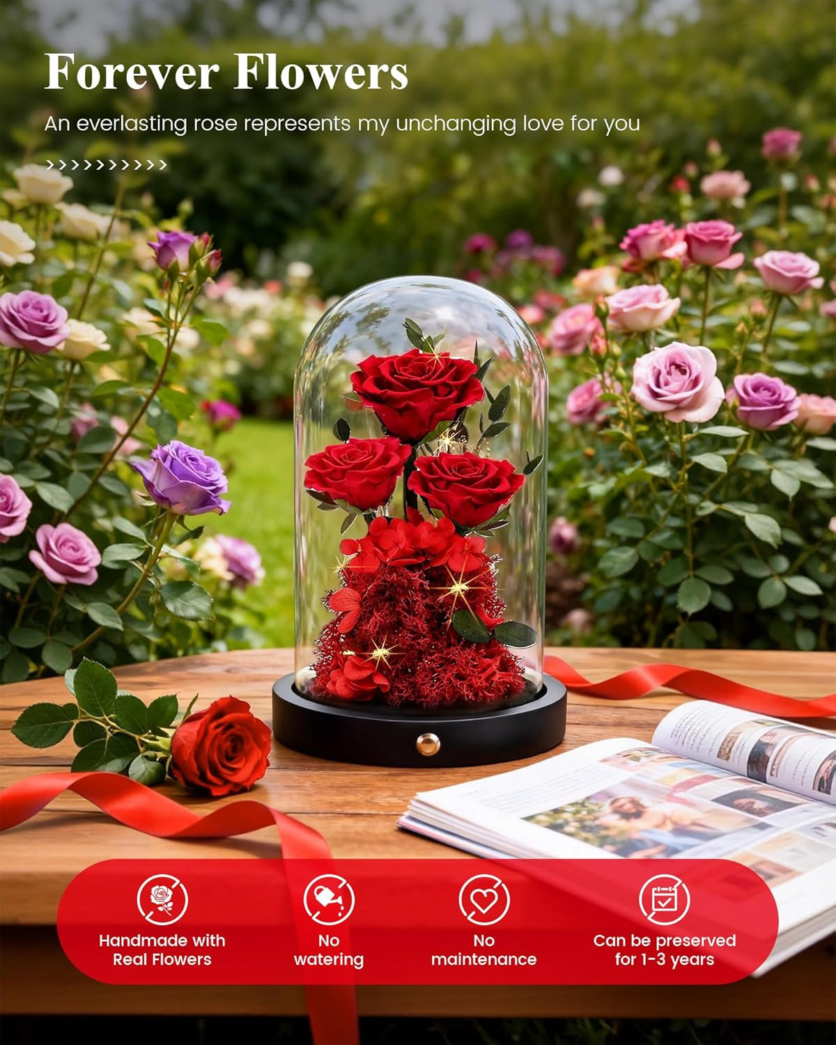 Mothers Day Flowers Roses Gifts for Mom,Forever Preserved Flower Rose in Glass D