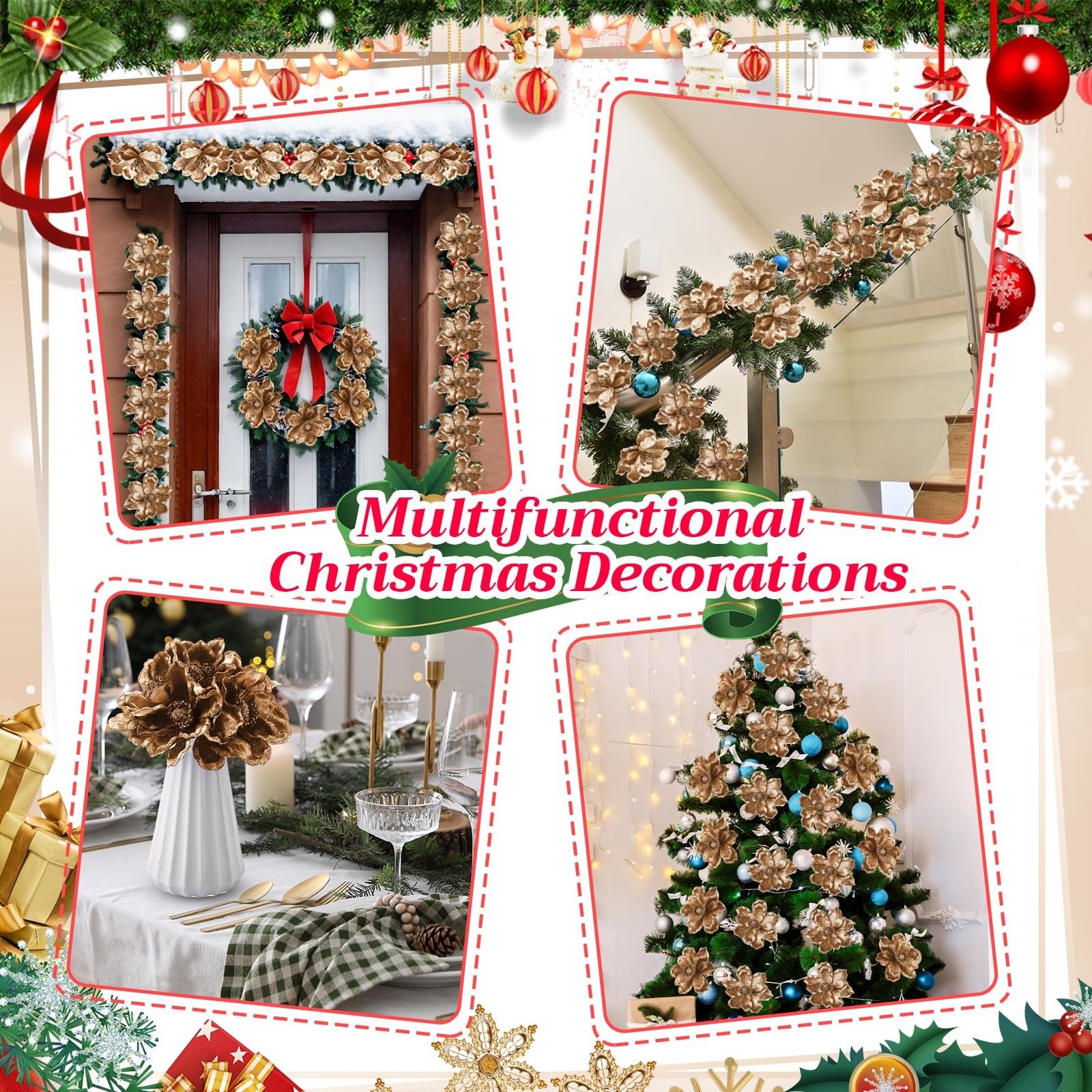 20 PCS Gold Christmas Glitter Poinsettia Magnolia Flowers Tree Wreath Ornament