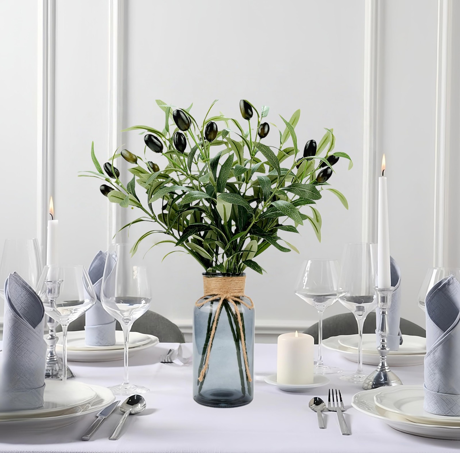 Artificial Plants Olive Branch in Glass Vase, 14.5” Fake Plant Greenery Stems…