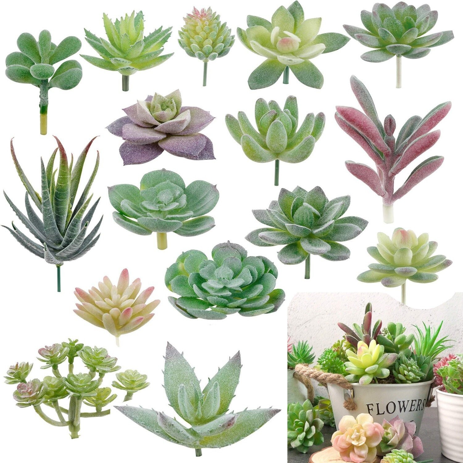 16Pack Flocked Green Floral Mini Artificial Succulents Fake Succulent Plant Set