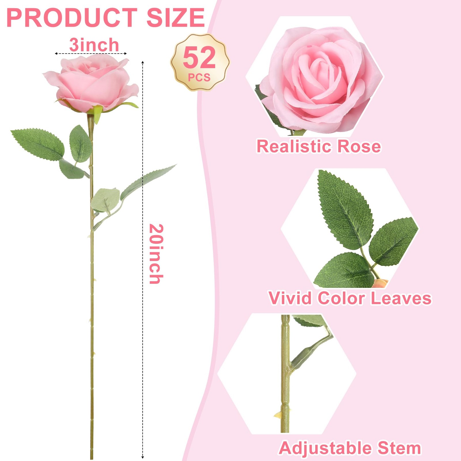 Artificial Roses Bulk Pink Silk Rose with Stem, 52pcs Fake Flowers Decoration…