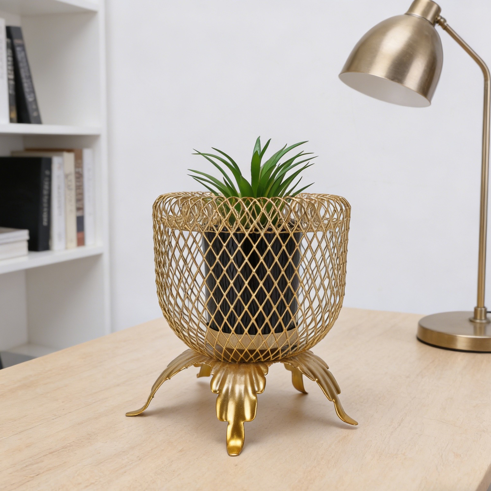 Small Fake Plant With Metal Cage Decorative Potted Artificial Succulent For Home