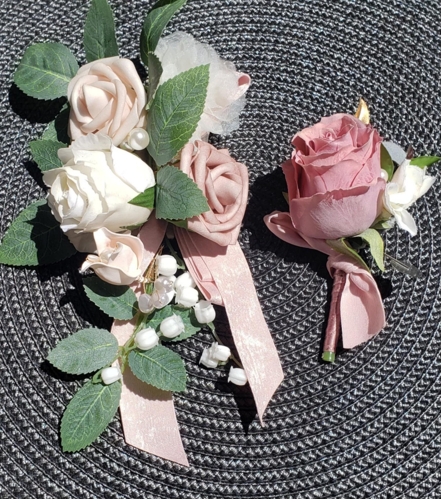 Wedding Corsage and Boutonniere Set Colors Pale Pink, White and Mauve