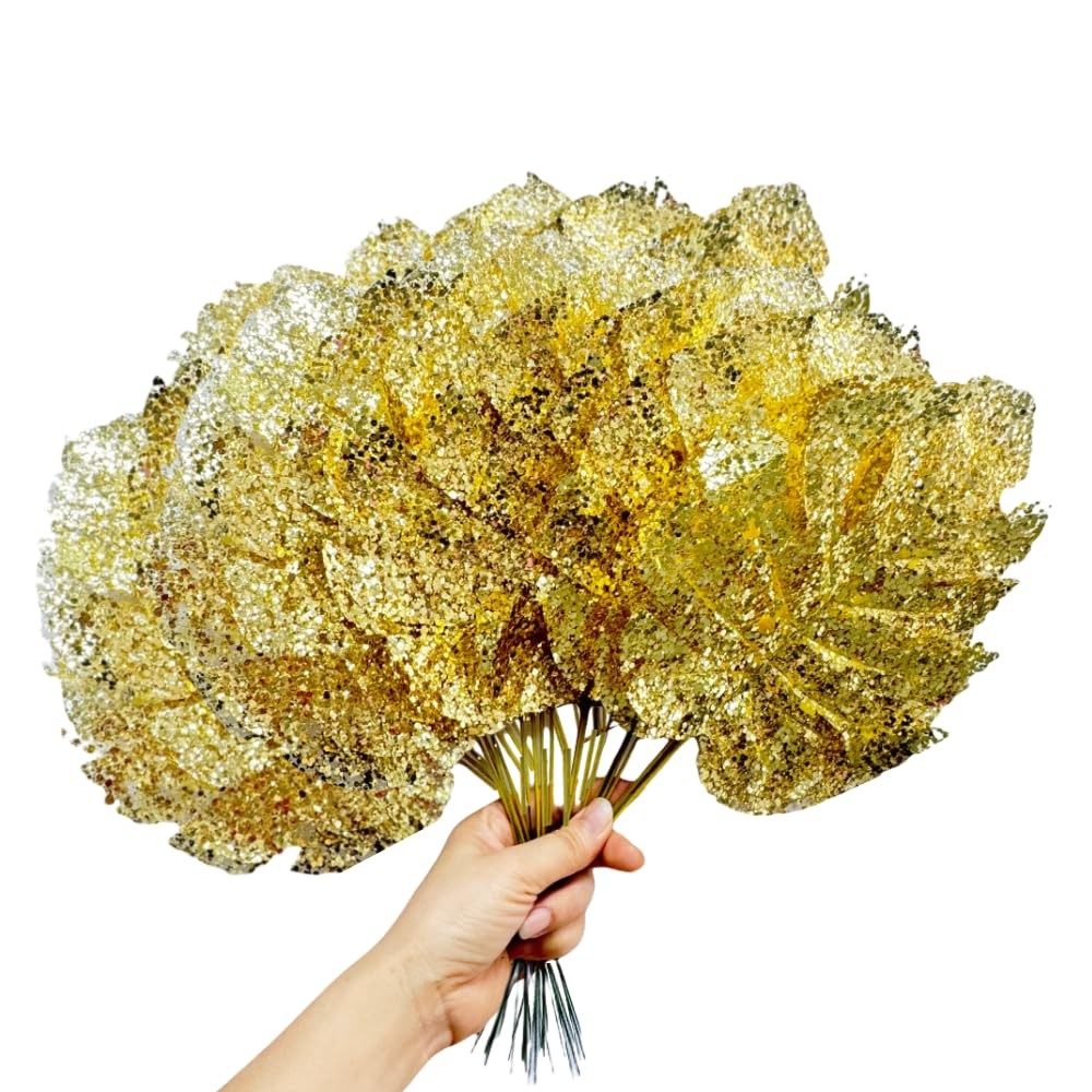24 Pieces Gold Palm Leaves,15″ Artificial Tropical Leaves Wall Decor,Jungle L…