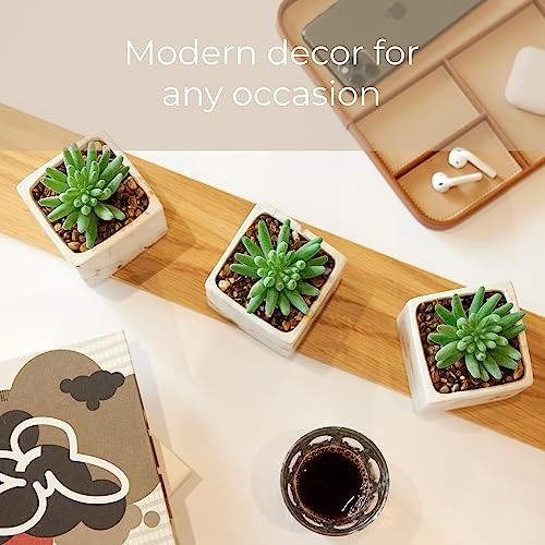 Nordik Square Marble Pots with Gold Vein Accents – Set of 3 Ceramic White Gold