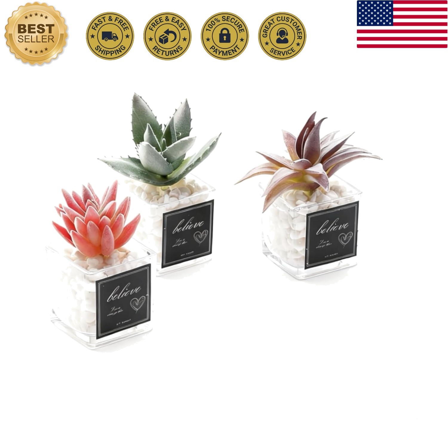 3 Pack Fake Plants Mini Artificial Greenery, Faux Plants in Glass Pots, Small…