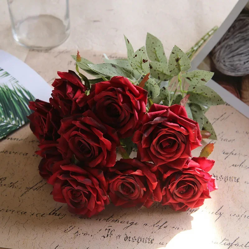 New 9 Heads Artificial Rose Bouquet for Wedding Valentine’S Day Gift Decoration