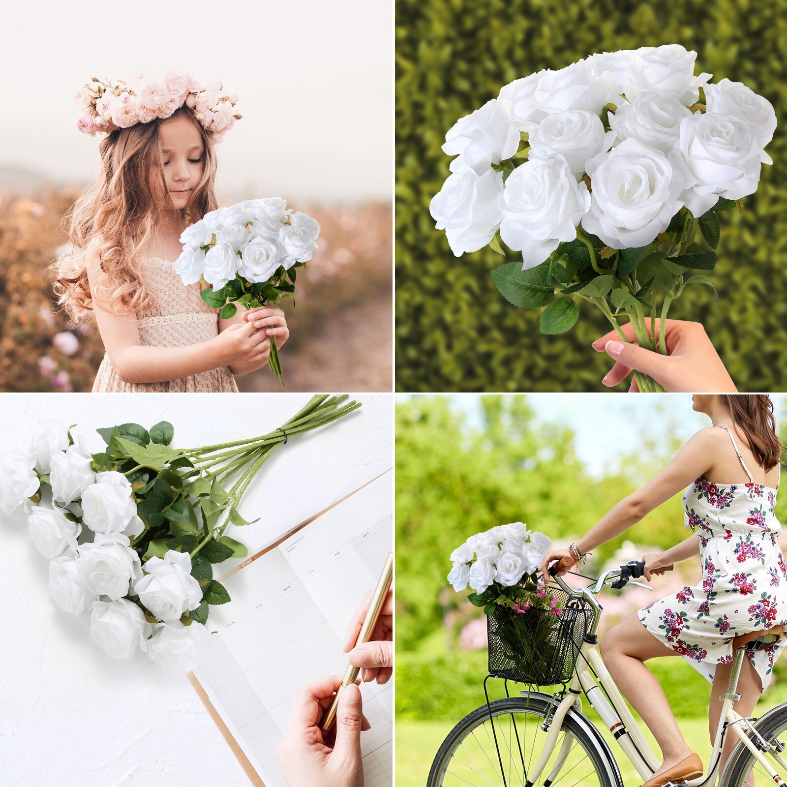 EZFLOWERY 12 Pcs Artificial Roses Flower White Silk with Single Stems Real Touch
