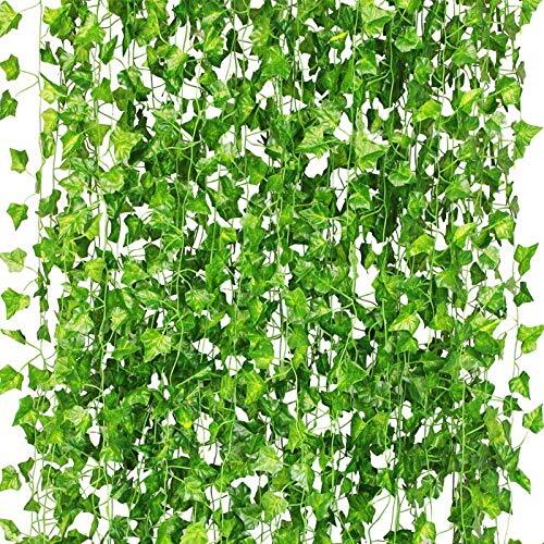 CQURE 12 Pack 84Ft Artificial Ivy Garland, Fake Vines UV Resistant Light Green