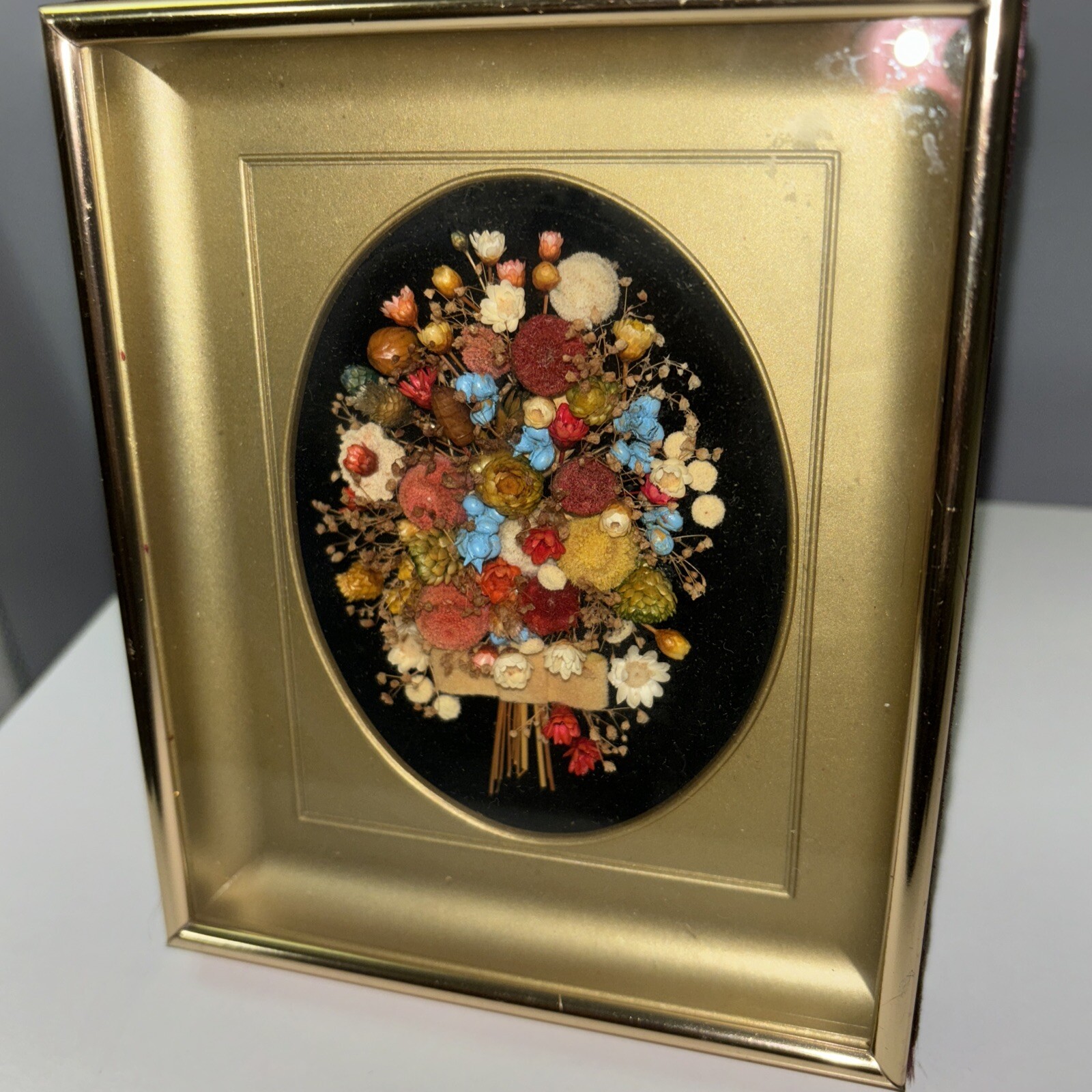 Vintage Pressed Dried Miniature Bouquet Art Velvet Gold Toned Frame MCM Cottage