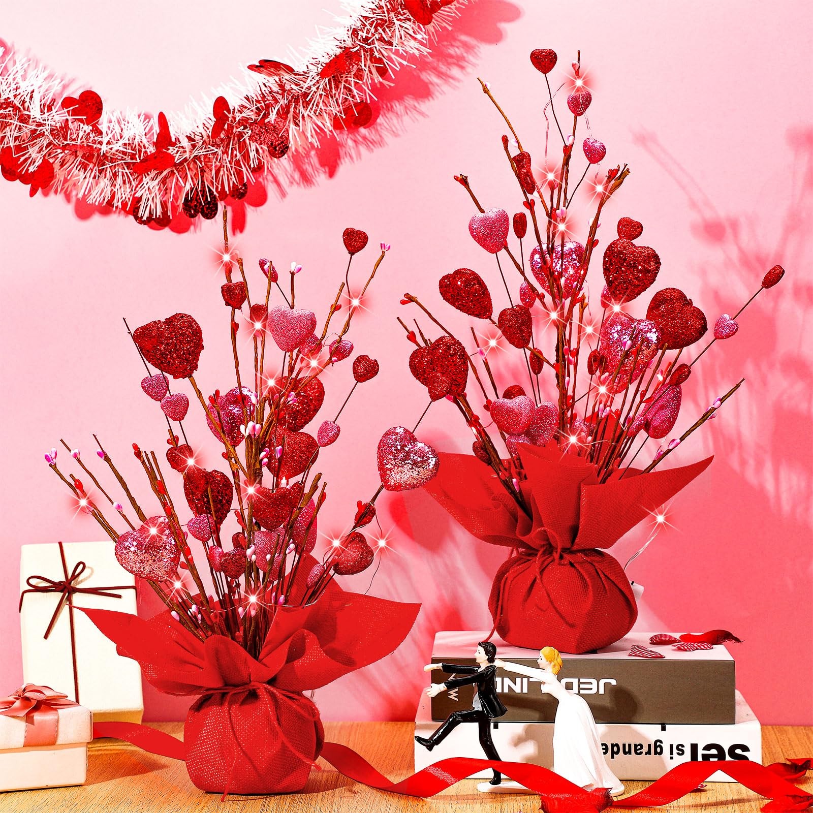 2 Pack Valentines Heart Table Tree Decorations 18 Inch LED Light up Artificia…