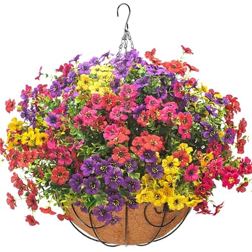 Grunyia Artificial Hanging Flowers Basket with Colorful Silk Daisies & 1 Spring