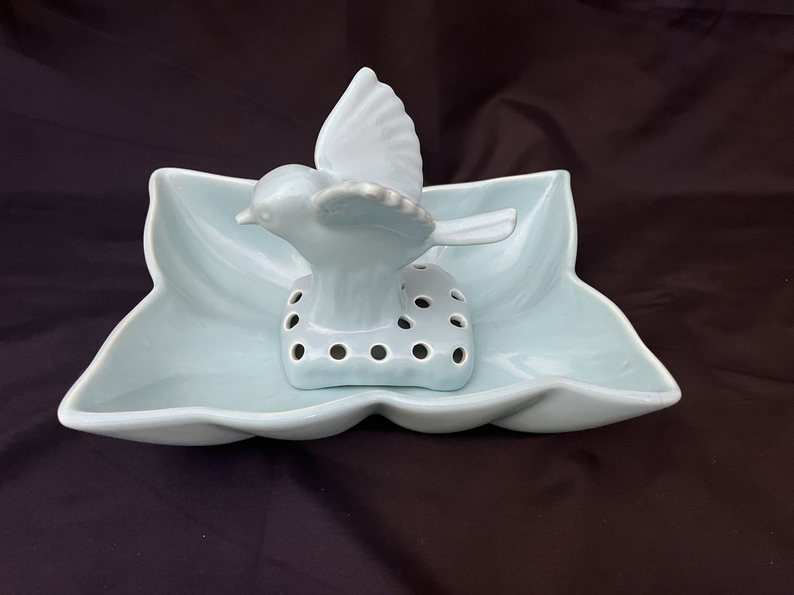 Vtg Camark Art Pottery Blue #410 Leaf Bowl Planter & Bird Flower Frog Set (S4)