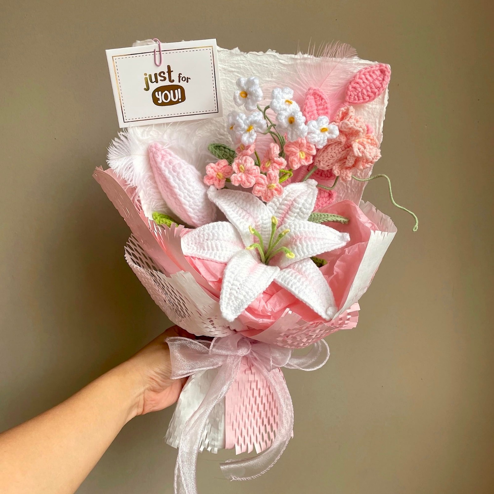 Luxury White Pink Lily Crochet Flowers Bouquet | Handmade Floral Decor Gift for