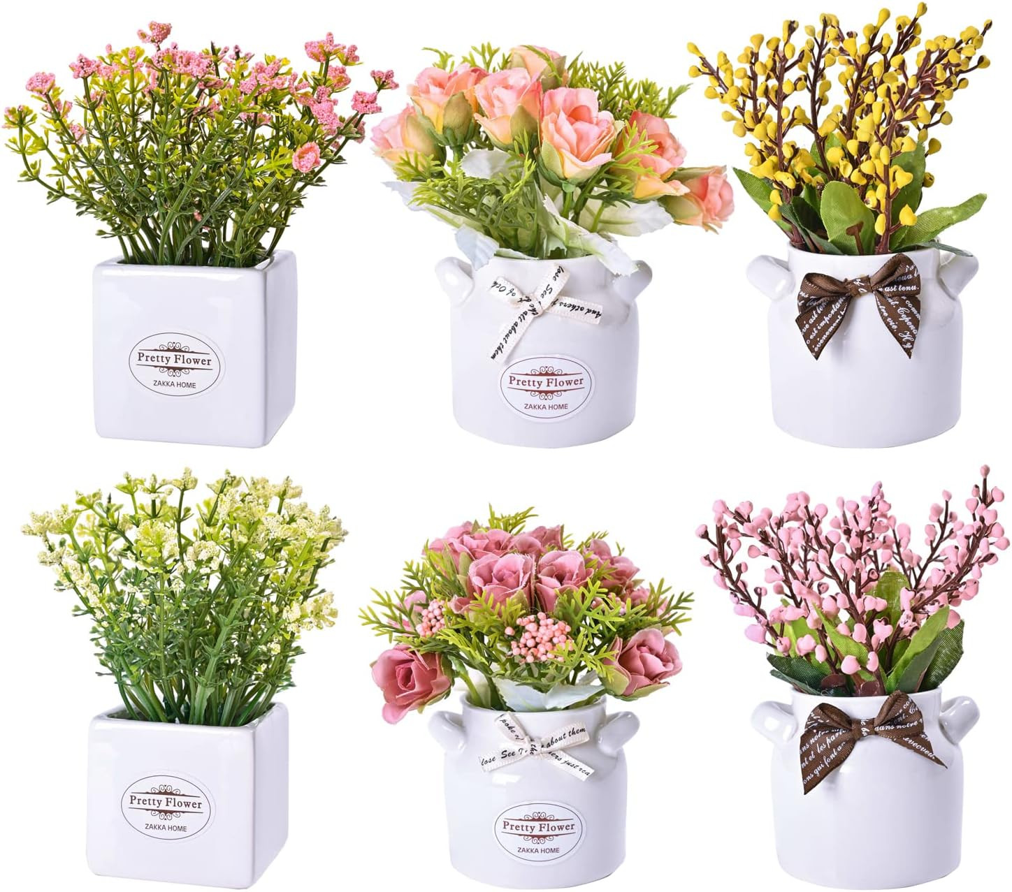 6Pcs Artificial Flowers with Ceramic Pot Small Faux Spring Flowers in Vase