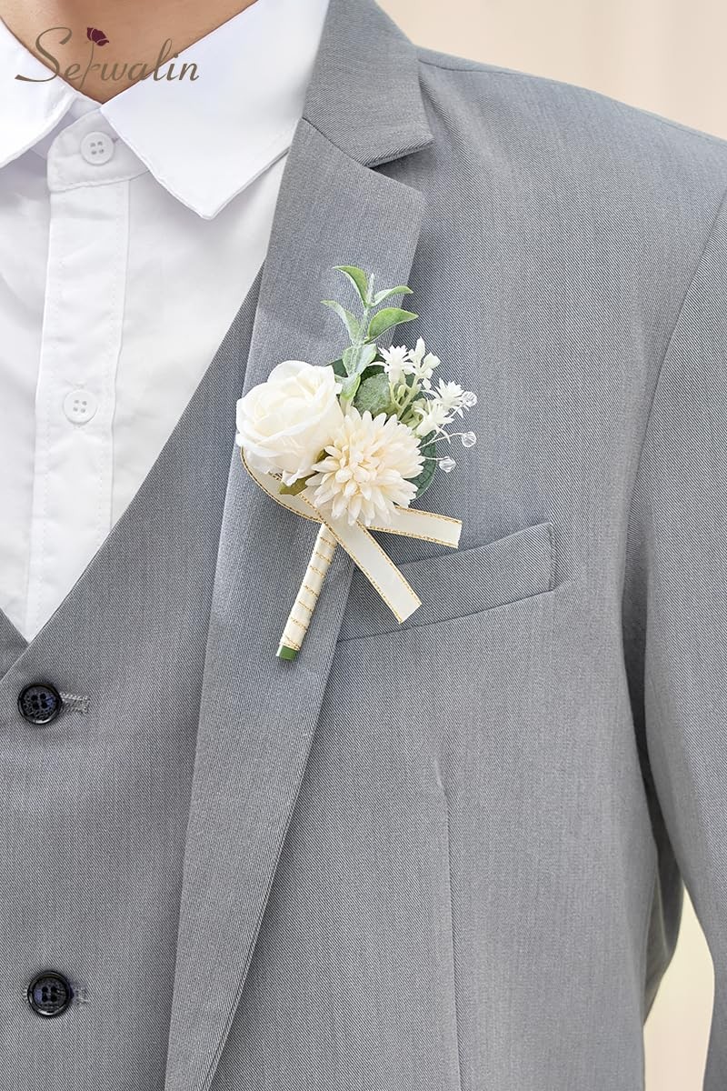 2 Pcs White Boutonniere for Men, Groom Groomsmen Best Man Guest Boutonnieres,…