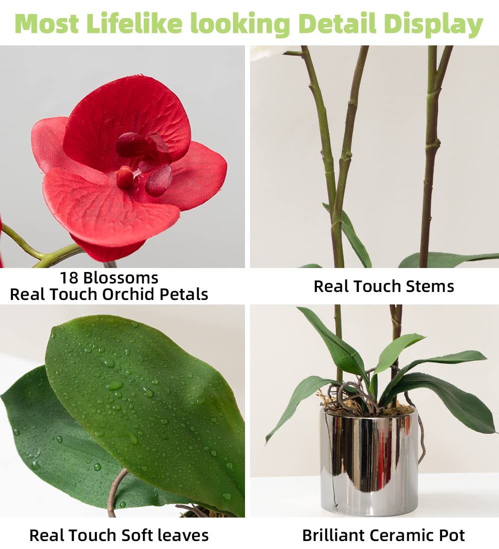 Artificial Orchid Flower Plant Real Touch Faux Orchids in Ceramic Vase Red 19…