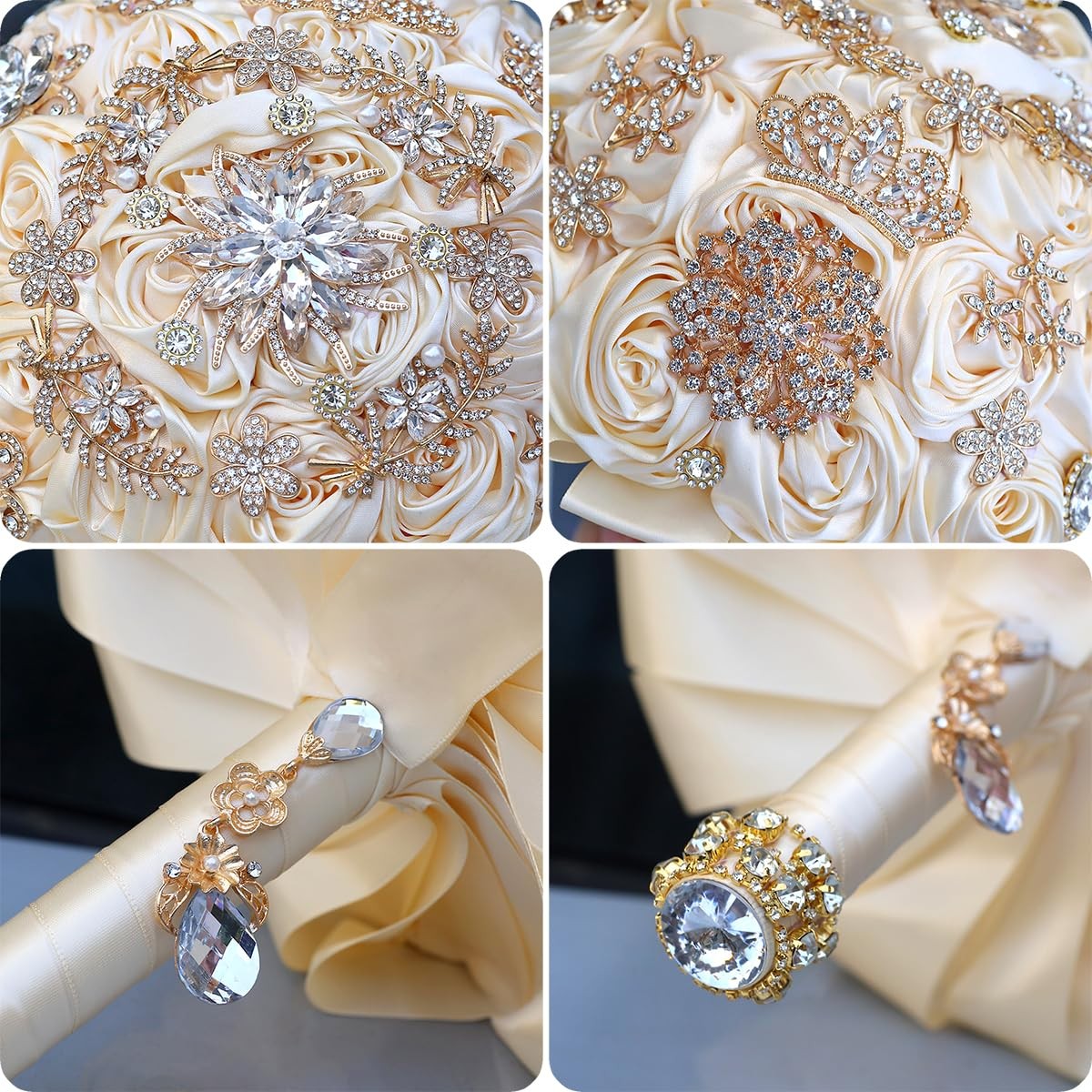 Handmade Satin Rose Floral Bling Pearl Decor Bridal Wedding Bouquet Rhineston…