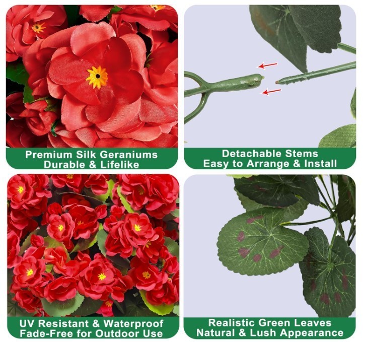 Artificial Geraniums Flowers for Outdoors Mother’S Day Decor, 4 Bundles Fake Flo