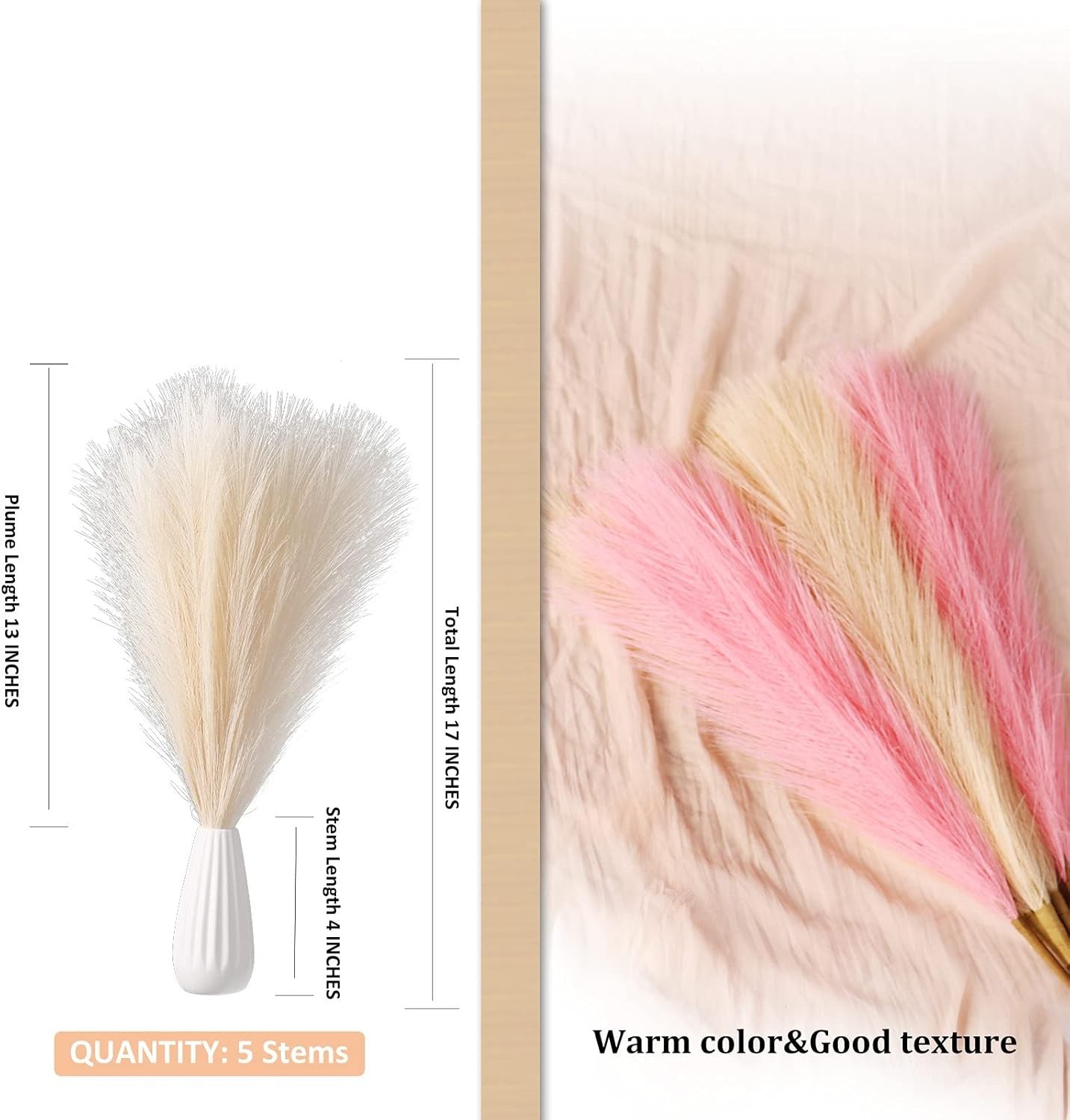 Faux Pampas Grass, 18″/45cm Artificial Pampas Grass Fluffy 6 Stem pompous Gra…