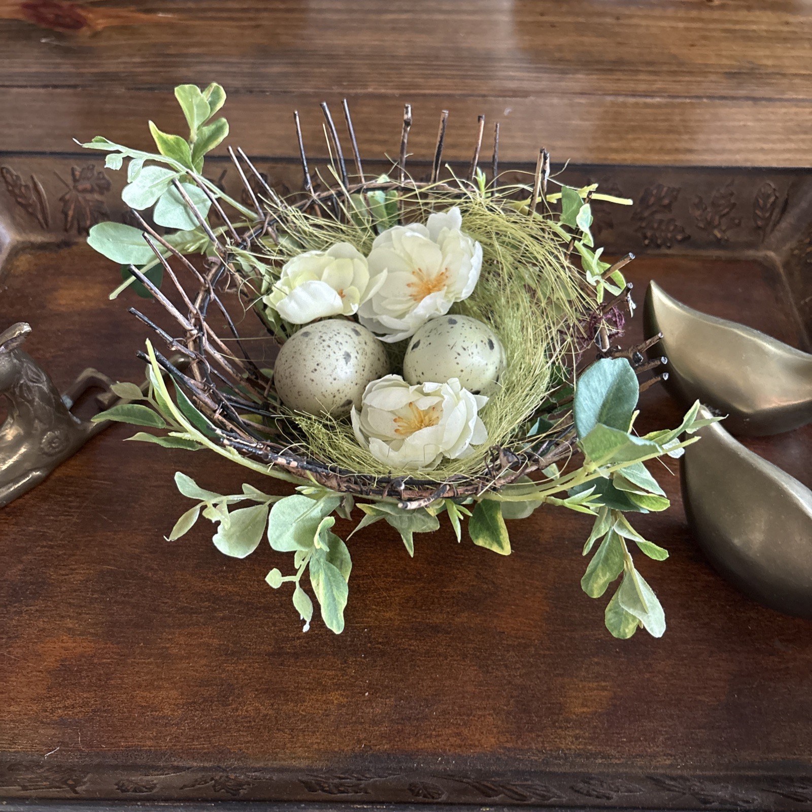 Easter Table Decor Bird’s Nest With Faux Eggs & Yellow Artificial Flowers Spring
