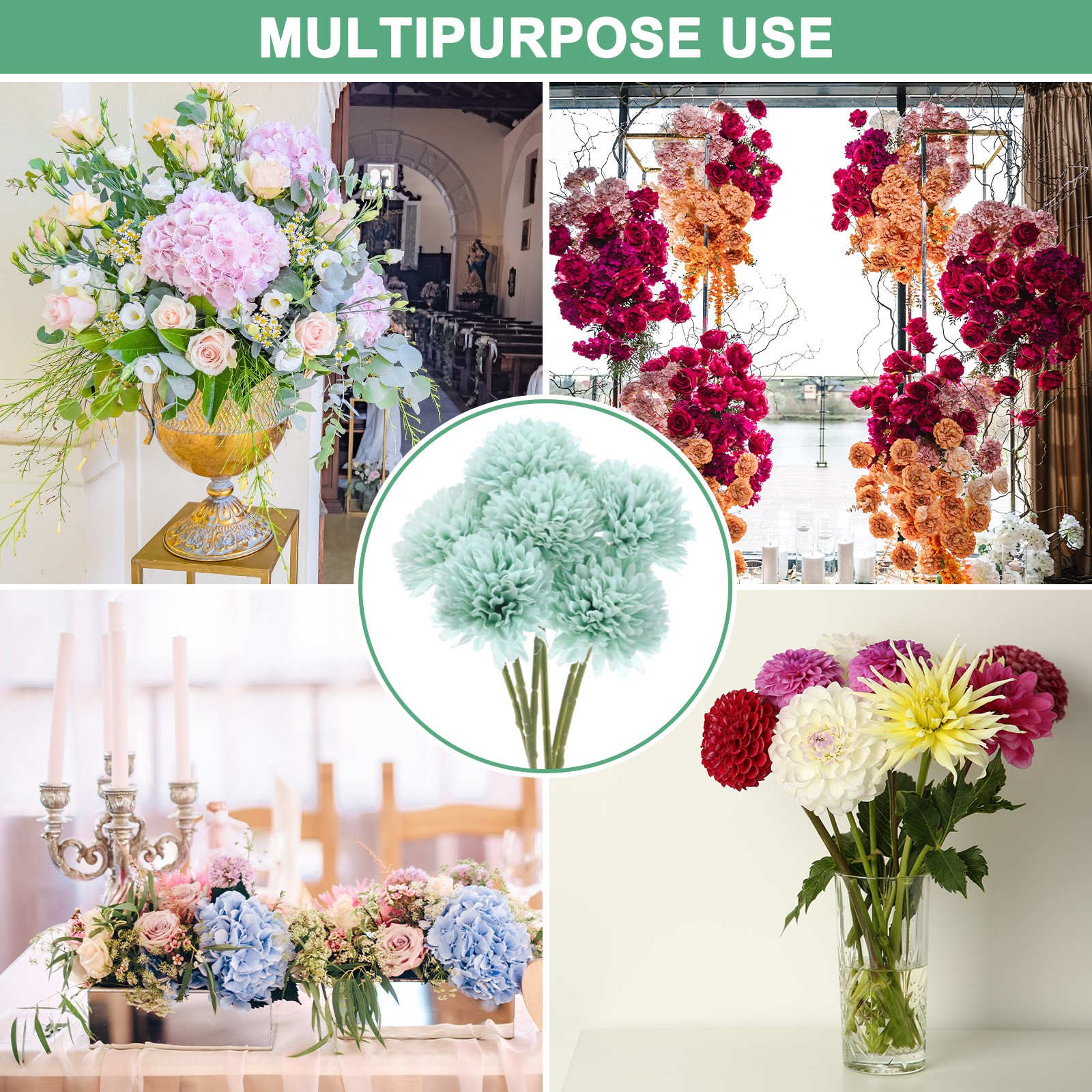 6-Pack Artificial Chrysanthemum Ball Flowers for Home Decor [Sky Blue]