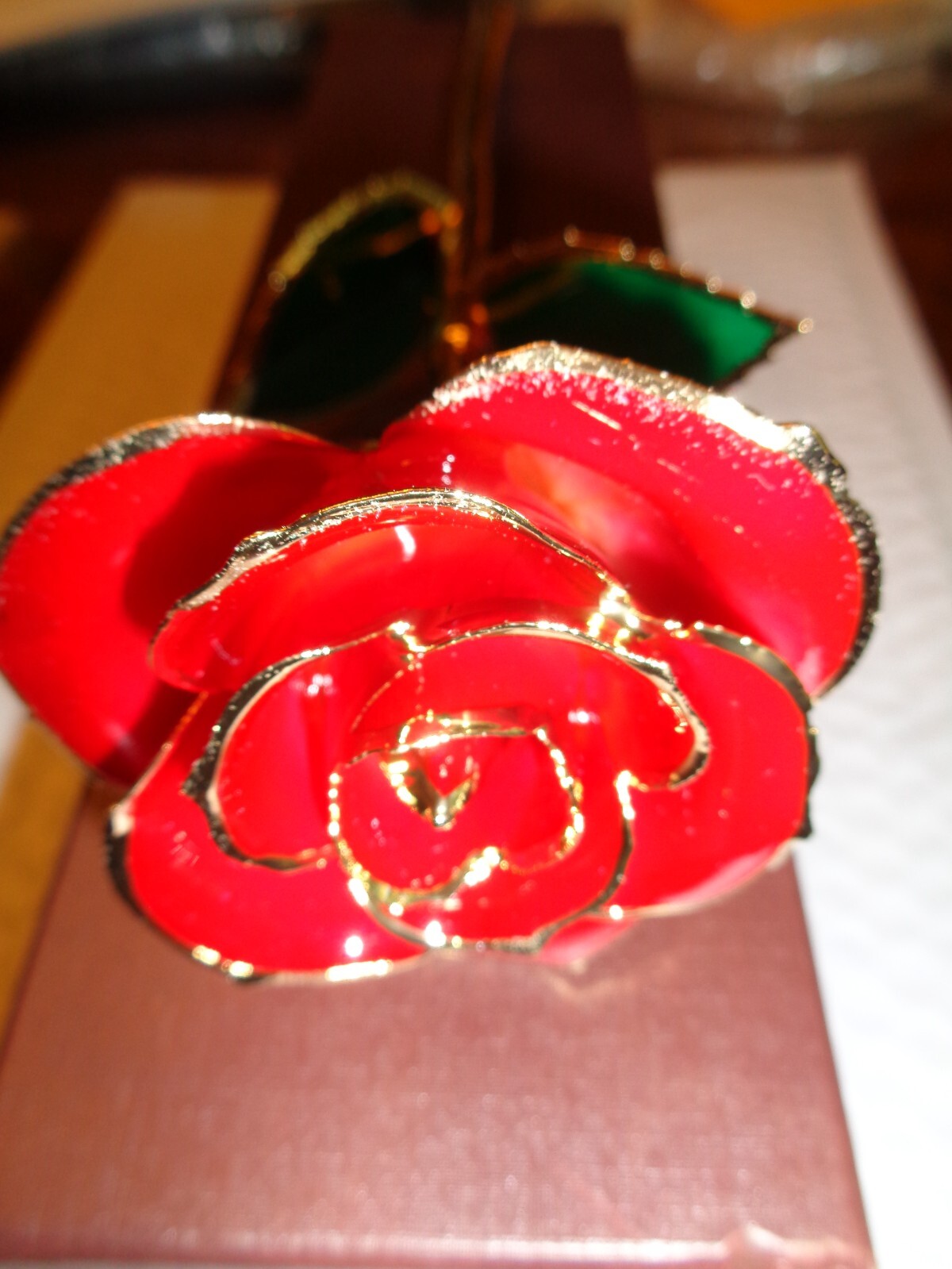 ZJ CHAO REAL LONG STEM RED ROSE HAND CRAFTED and DIPPED 24K GOLD with COA
