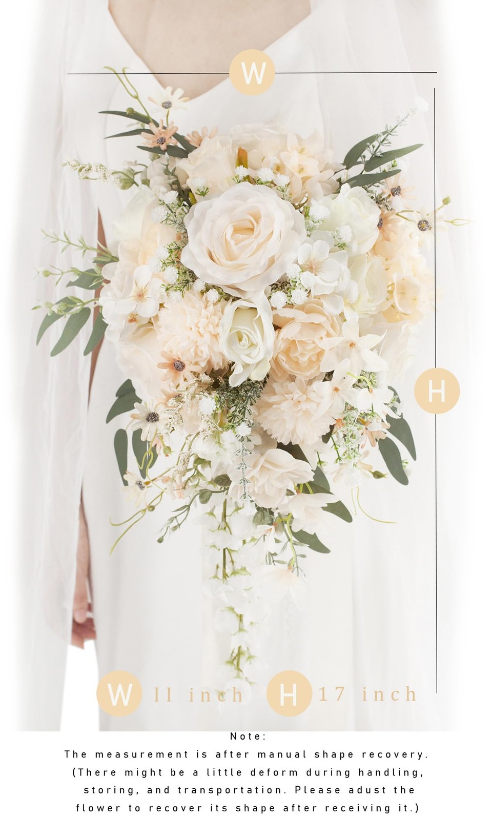 Cascading 11″ White Rose Bridal Bouquet for Rustic Boho Weddings & Events