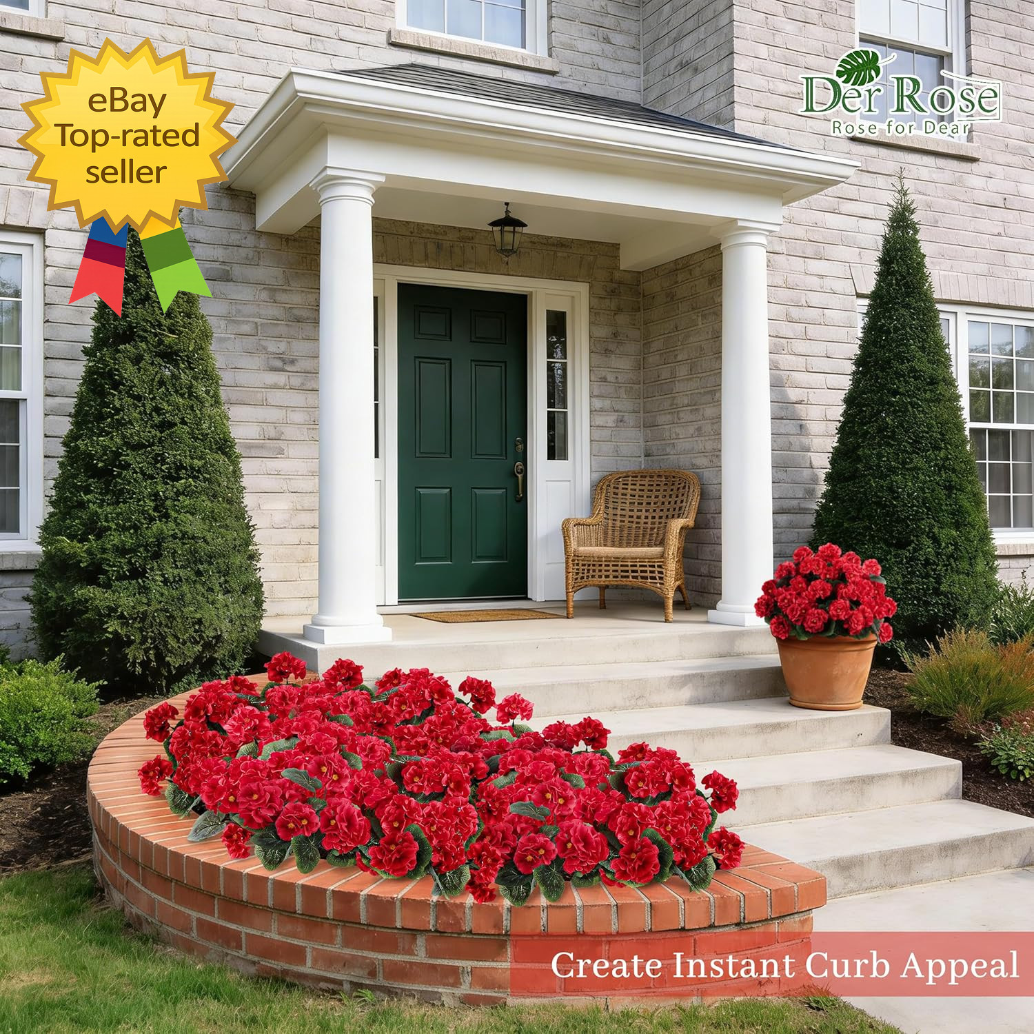 6 Pack Red Artificial Geranium Flowers UV Resistant Faux Outdoor Patio Decor