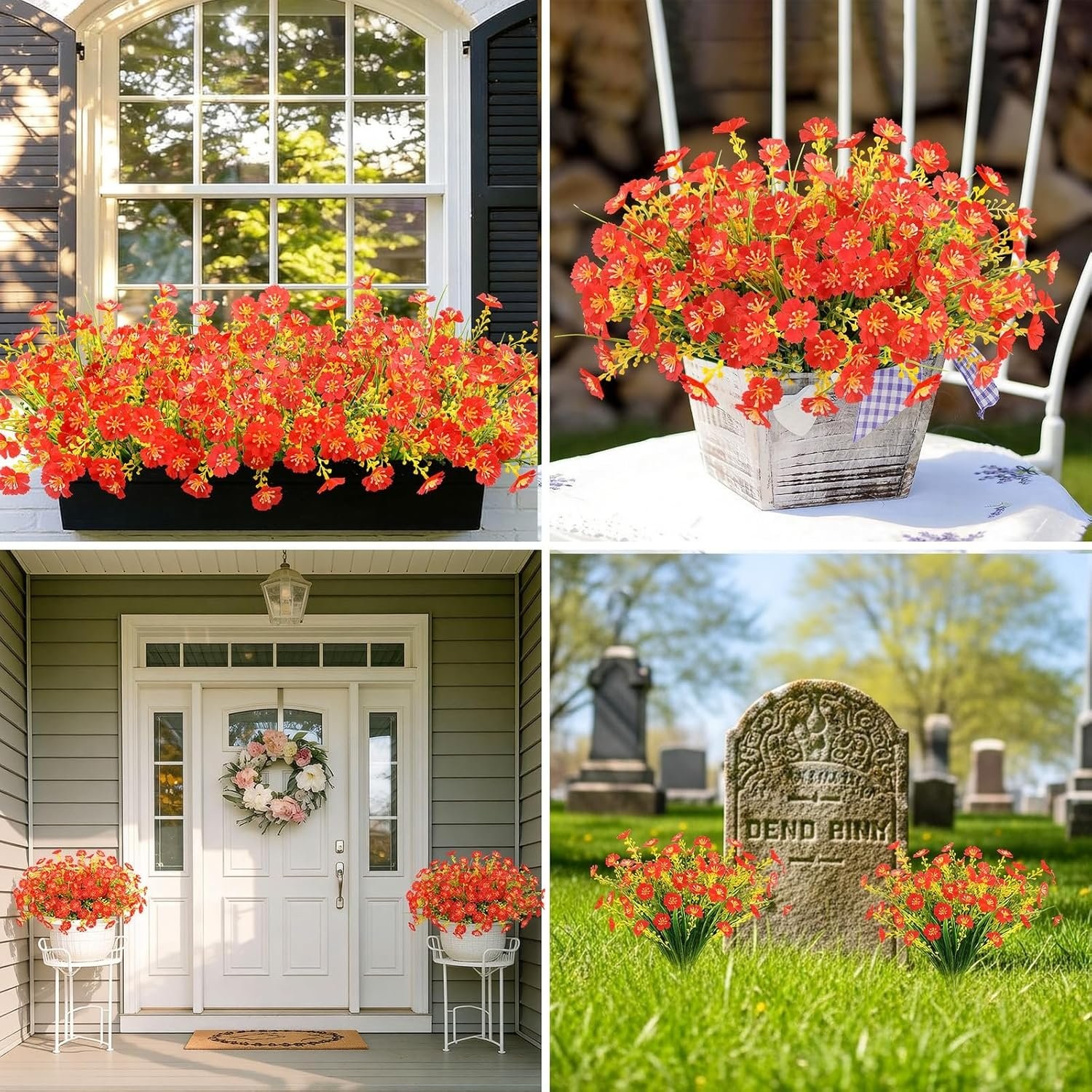 12 Bundles Red Artificial Flowers for Outdoor Garden Decor UV Resistant